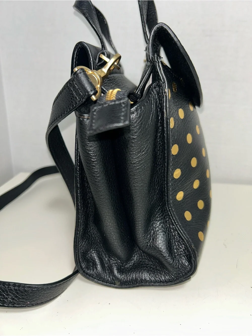 Kate Spade Saturday Black Leather Gold Polka Dot Satchel Crossbody Shoulder Bag
